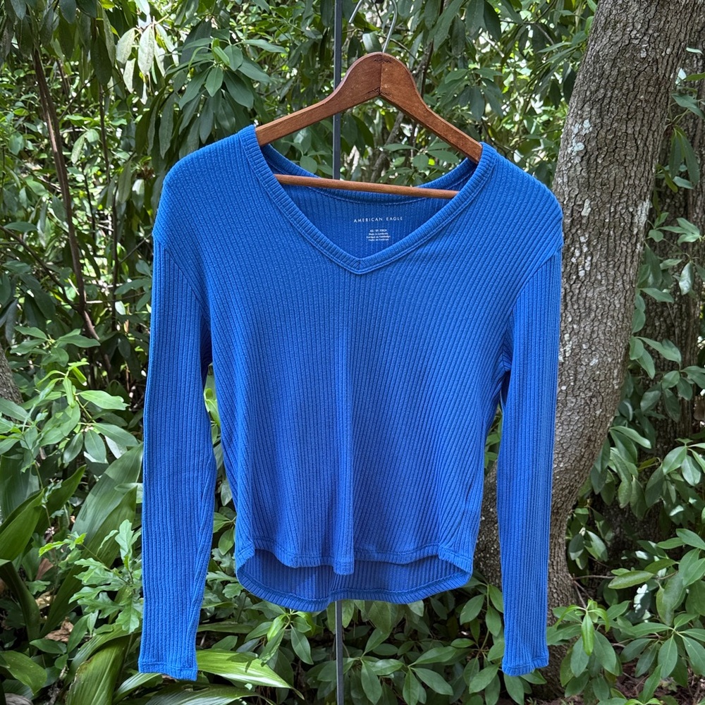 American Eagle Outfitters Blue Ribbed V-Neck Top